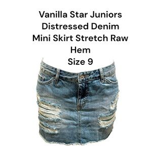 Vanilla Star Juniors Women's  Distressed Denim Mini Skirt Stretch Raw Hem Size 9